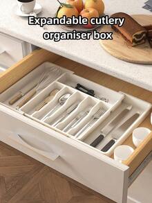 منظم درج أدوات المائدة، صينية أدوات قابلة للتوسيع للمطبخ، حامل أدوات المائدة والأدوات الحادة، تخزين بلاستيكي قابل للتعديل للملاعق والشوك والسكاكين، كبير الحجم - أبيض - مشاهدة 3