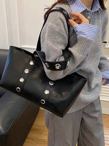 Vintage Fashionable Rivet Decor Bucket Bag, Large Capacity Tote Handbag, Casual Minimalist Commuter Underarm Shoulder Bag, Autumn/Winter - Black - View 7
