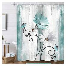 Rustic Farmhouse Shower Curtain, Farm Teal Daisy Floral Flowers And Butterfly On Country Wooden Shower Curtain For Bathroom, Turquoise Blue With 12PCS Hooks, 70X70IN - 多色548 - 查看 1
