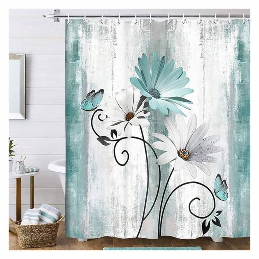 Rustic Farmhouse Shower Curtain, Farm Teal Daisy Floral Flowers And Butterfly On Country Wooden Shower Curtain For Bathroom, Turquoise Blue With 12PCS Hooks, 70X70IN - 多色548 - 查看 1
