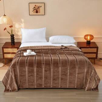 1pc Comfortable Traditional Style Striped Lurex Crafted Blanket, Soft Flannel (Polyester Fiber), Suitable For Warm Travel And Home Use