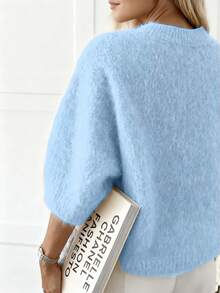 Women's Fashionable Minimalist Fuzzy Ribbed Knit Crew Neck Sweater, Regular Length, Drop Shoulder, 3/4 Sleeve Top - Baby Blue - View 2