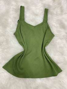 Rainbow Strappy Tank Top With Button, Thick Straps, Plain Viscose Blouse, Dune Print, Sizes M, G, GG (36-42), Summer, Women's, Casual, Elegant And Comfortable - 117-VERDE MILITAR - 查看 4