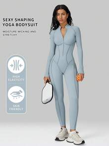 MFVIM 女士长袖连体裤，半拉链设计，紧身性感运动服，高强度瑜伽训练服 - 霧霾藍 - 查看 3