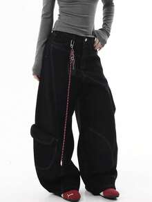 Christmas, Red Jeans, American Style, Deconstructed, Multiple Pockets, Topstitched Seams, Jazz Dance, Casual, Loose-Fitting, Streetwear, Stylish, Fluid, Wide-Leg Pants, Cargo Pants, Men's Jeans, Matching Set - màu đen - Xem 1