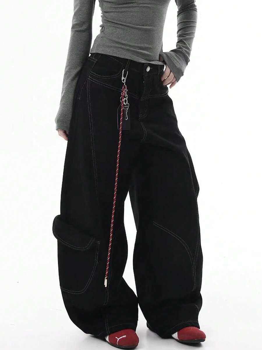Christmas, Red Jeans, American Style, Deconstructed, Multiple Pockets, Topstitched Seams, Jazz Dance, Casual, Loose-Fitting, Streetwear, Stylish, Fluid, Wide-Leg Pants, Cargo Pants, Men's Jeans, Matching Set - màu đen - Xem 1