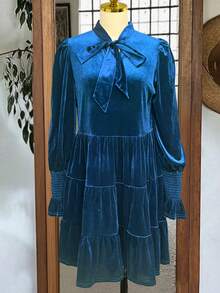 Women's Elegant Blue Loose V-Neck Bowknot Detail Long Sleeve Mid-Length Dress, Velvet Material, Suitable For Party Or Date