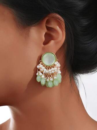 Exquisite Opal Faux Pearl Tassel Charming Earrings, Bohemian Style Handmade Beads Pendants Jewelry Suitable For Women's Daily, Festival,Wedding, Party Wear