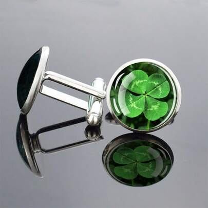 2件套四叶草袖扣，时光宝石男士服装配饰，金属玻璃粘扣袖扣，简约优雅男士配饰