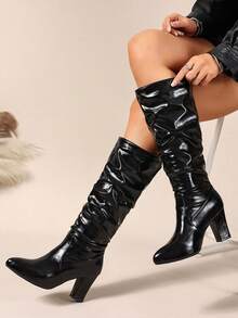 Fall/Winter Black High Shaft Chunky Heel Riding Boots For Women, Fashion Slim Leg Pointed Toe Over-The-Knee Boots,High Heels - Black - View 12