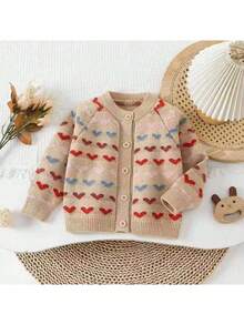 WUHUANG YIYI Cardigan drăguț pentru copii, cu guler rotund, model multicolor cu inimă, versatil și dulce pentru purtare de zi cu zi, toamnă/iarnă