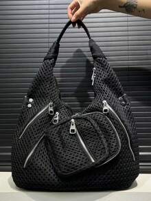 Y2K Street Style Personalized Women's Nylon Spliced Shoulder Bag, Large Capacity, Rivet Decorated Crossbody Bag, Multi Compartment Design - Black - View 8