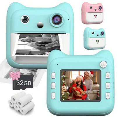 Câmera infantil com impressão instantânea, fotos ultra nítidas de 48 MP, e portátil, gravação de vídeo em alta definição 1080P, apontar e disparar, presentes de Natal e aniversário com 5 papéis para impressão e cartão de 32 GB, tire fotos em intervalos regulares, adequada para presentear familiares/amigos/parceiros/jovens, (azul) (bateria recarregável de 1300 mAh)