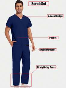 Conjunto de top de cuello en V + pantalón de chándal para hombres, uniforme de trabajo resistente a las arrugas - Azul Marino - Ver 4