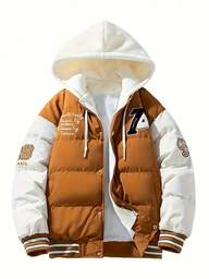 Erkek Ön Fermuarlı Uzun Kollu Harf Baskılı Kapüşonlu Dolgulu Mont, Günlük Giyim