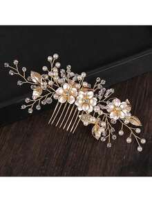 1pc Handmade Gold Alloy Pearled Flower Bridal Hair Comb, Wedding Headpiece, Party Dress Accessory