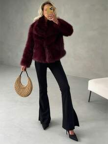 女式勃艮第红毛绒领短款夹克，适合秋冬户外穿着 - 酒紅 - 查看 7