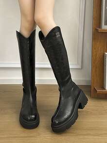 Bally V-Cut Tall Elastic Boots, Thick Sole, Thermal Lining, Slimming Riding Boots For Winter - Black - View 3