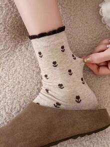 3 Pairs Random Floral Lace Cotton Mid-Calf Socks For Women, Retro Maillard Cuff Crew Socks, Spring & Autumn - Multicolor - View 6