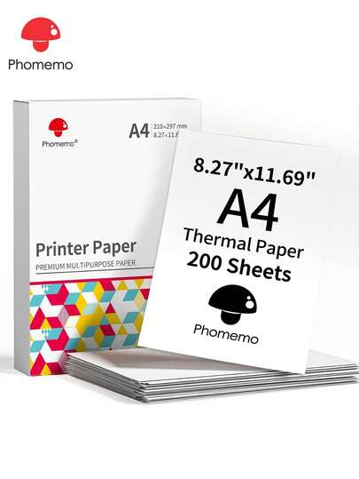 Phomemo 1 Pack A4 Size Thermal Paper For M08/M832/M833/M834/P831- 1 Pack A4 Paper With 200 Sheets Thermal Label Paper Inside, A4 Size, 8.27" X 11.69"/ 210mm X 297mm, Black On White Print Out, Inkless Thermal Paper For Business Use/ Office