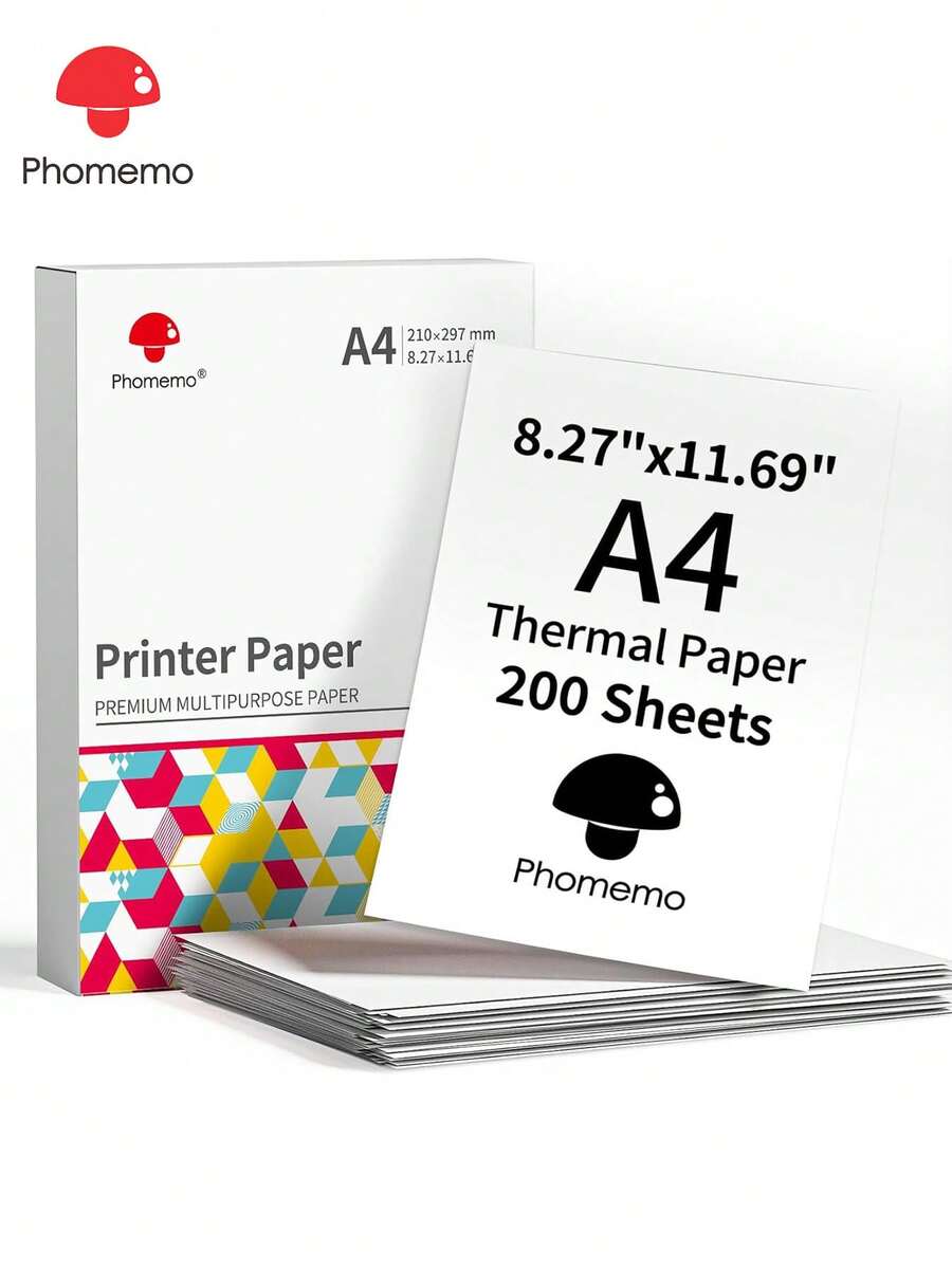 Phomemo 1 包 A4 尺寸热敏纸,适用于 M08/M832/M833/M834/P831 - 1 包 A4 纸,内含 200 张热敏标签纸,A4 尺寸,8.27 英寸 X 11.69 英寸/210 毫米 X 297 毫米,白底黑字打印,无墨热敏纸,适用于商业/办公室 - 白色 - 查看 1