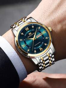 VA VA VOOM 1 件男士石英表 41 毫米经典奢华钻石日历时钟，绿色、蓝色、金色、银色、黑色不锈钢表盘，原装星期石英机芯，3 巴防水，商务风格，精美情侣表 - 藍色 - 查看 8