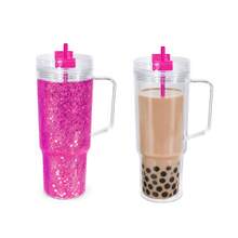 AGH 40oz Snowglobe Tumbler With Handle And Lid, Acrylic Snow Globe Cups With Pre-Drilled Hole, Double Wall Reusable Clear Plastic Travel Coffee Mug Cup For Snowglobe Glitter DIY, 2 Pack Hot Pink - 玫紅色 - 查看 4