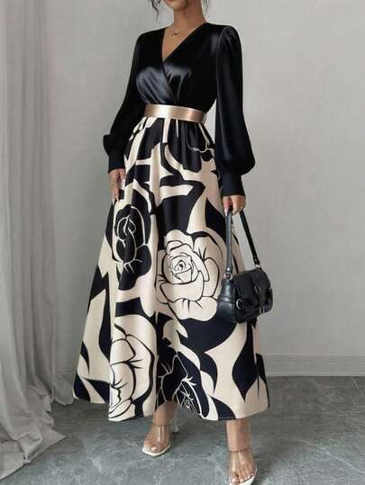 Women's Floral Print V-Neck Cinched Waist Waist Elegant Dress, Casual Vacation Outfit