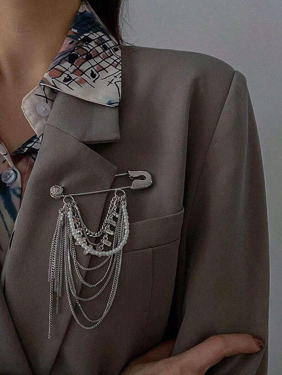 1pc Silver Pearl Tassel Brooch, Fashionable Accessory Lapel Pin For Women Suit Jacket - 彩色 - 查看 1