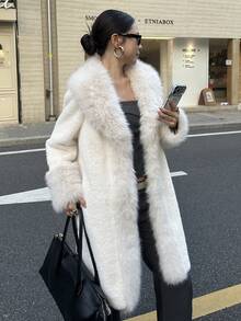 Women's Elegant Knee-Length Faux Fur Coat, Waterfall Collar, Long Warm Outerwear For Autumn/Winter - White - View 3