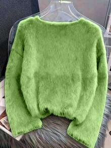 女士常规款绿色绒毛针织开衫，圆领，长袖，纽扣前襟，舒适且略带弹性 - 綠色 - 查看 2