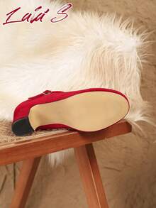 女士玛丽珍鞋，优雅时尚的天鹅绒带扣设计低鞋面粗跟红色高跟鞋，适合婚礼、商务礼仪、工作通勤、礼服、正式场合、派对、日常穿着 - 紅色 - 查看 7