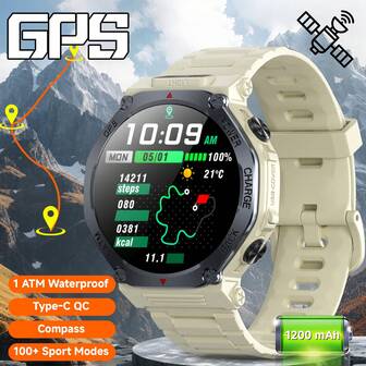 智能手表，1.39英寸圆形屏幕，大电池容量，内置GPS，多种运动模式，消息提醒，步数记录，心率，睡眠监测，带超亮手电筒，适合男士的实用礼物