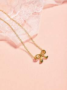 Hatastic 蝴蝶结吊坠项链，休闲简约女士吊坠项链，圣诞礼物 - 金黃色 - 查看 3