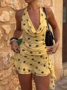 1pc Polka Dot All-Over Print Contrast Color Casual Elegant Bohemian Knit Fabric Twist Ruffle Hem Mini Dress, Suitable For Evening Date, Spring/Summer - Yellow - View 4