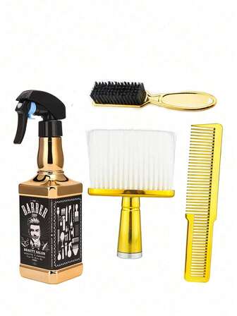 Set de 1/2/3/4 piezas de herramientas para peluquería, botella de spray retro enchapada de 500ml, cepillo para barrer el cabello, cepillo para barba, peine alisador, peine de corte, set de herramientas de peluquería de alta gama para salón