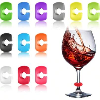 12 Pcs Wine Glass Charms Silicone Drink Markers Tags Cup Labels Wine Glasses Champagne Flutes Cocktails, 12 Colors, Party Essentials