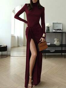 优雅休闲简约长袖高领修身开衩系带冬装连衣裙 - 酒紅色 - 查看 4