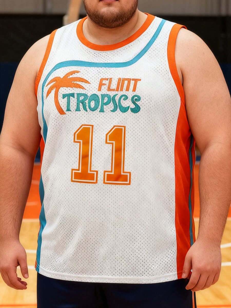 加大码男士11号白色篮球背心，宽松无袖圆领设计，饰有刺绣图案，适合篮球、运动、跑步、健身等场合。 - 白色 - 查看 1