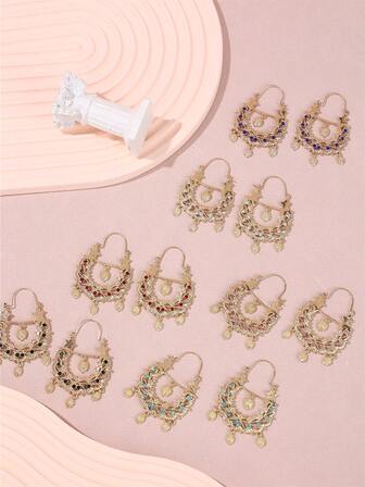 1 Pair Moroccan Style Hollow Hedgehog Metal Pendant Earrings With Rhinestones, Semicircle Pendant Earrings For Middle Eastern Wedding, Party, Festival