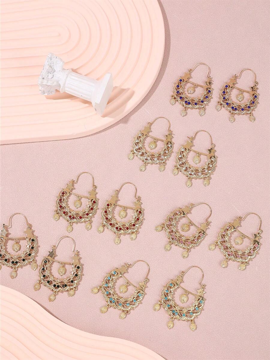 1 Pair Moroccan Style Hollow Hedgehog Metal Pendant Earrings With Rhinestones, Semicircle Pendant Earrings For Middle Eastern Wedding, Party, Festival Valentine's Day Accessories - Earrings - View 1