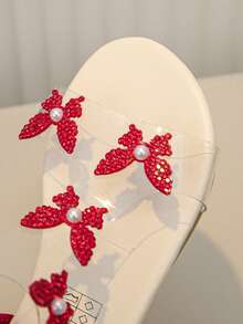 1 Pair Of Fashionable, Shiny Girl Butterfly Decorated Sparkling Rhinestone Transparent Flat Sandals, Fairy Style, Very Suitable For Summer Wear. - Red - View 6