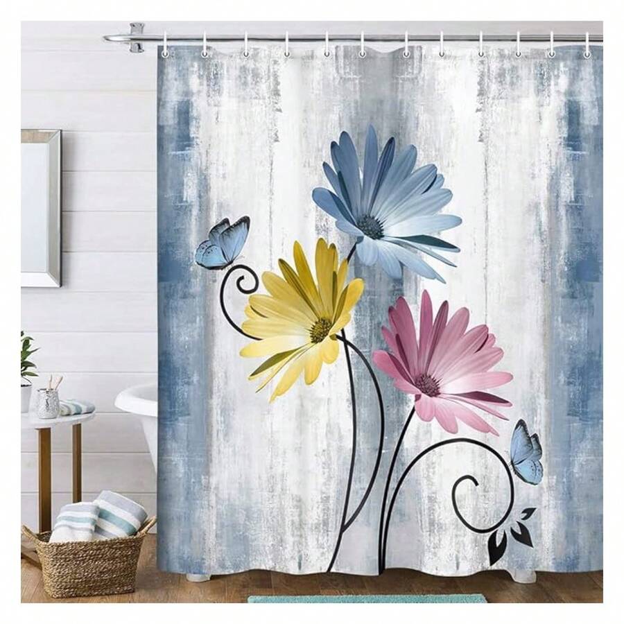 Rustic Farmhouse Shower Curtain, Farm Blue Daisy Floral Flowers And Butterfly On Country Wooden Shower Curtain For Bathroom, Turquoise Pink Yellow Bathroom Shower Curtains With 12PCS Hooks, 70X84IN - 多色566 - 查看 1