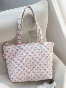 1pc Pink Bow Floral Elegant Casual Quilted One Shoulder Tote Bag, Large Capacity Shopping Bag, Suitable For Work Commute, Travel And Vacation Essentials, Makeup Cosmetic Organizer Bag, Can Hold Phone, Wallet, Sanitary Napkins, Keys, Notebook, Wired Earphones, Earbuds, Charger, Lipstick, Perfume, Skincare Products, Holiday Gift, Friend Gift - Multicolor - View 13