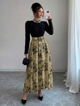 女士 3D 珍珠装饰长袖弹力拼接花卉半身裙，适合节日派对、秋冬季穿着。