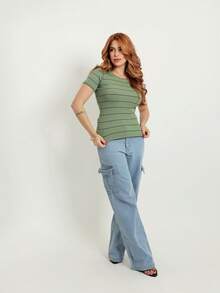 Women's Striped Ribbed Polyester T-Shirt With A Soft Touch - Rayas verde menta - Ver 1
