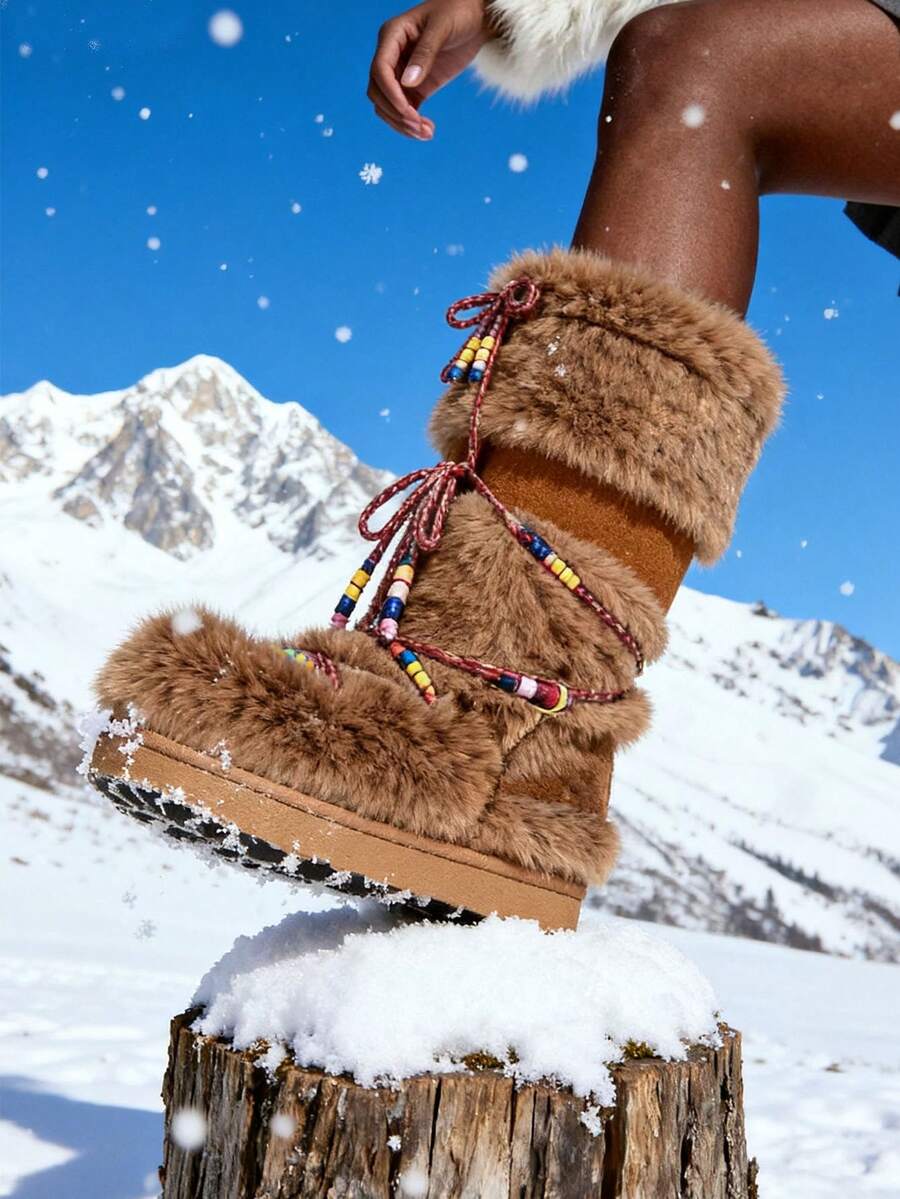 Faux Fur Snow Boots For Women Fuzzy Fluffy Furry Lace Up Mid Calf Boots Winter Warm Fur Boots For Christmas - 駝色 - 查看 1