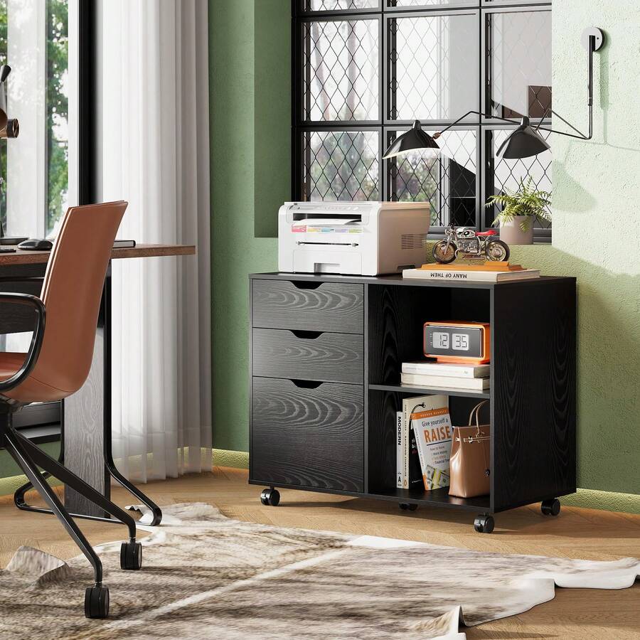 Archivador lateral móvil de 3 cajones, archivador de madera, soporte de impresora con estantes de almacenamiento abiertos para oficina en casa - Negro - Ver 1