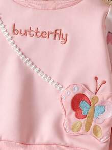 Baby Girls' Butterfly & Letter Embroidered Set, Butterfly 3D Print Long Sleeve Top And Pants Set - Pink - View 2