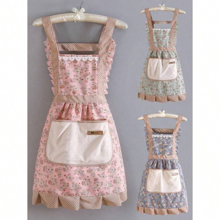 1pc Country Floral Pattern Cleaning Apron, Women's Vintage Floral Kitchen Apron For Adults, Floral Print Ruffle Apron, Kitchen, Bathroom, Home Furnishings - Màu xanh lam - Xem 1